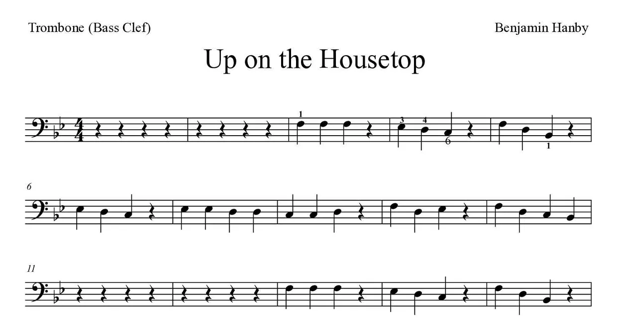 「Up on the Housetop」Trombone用楽譜の最初の数段