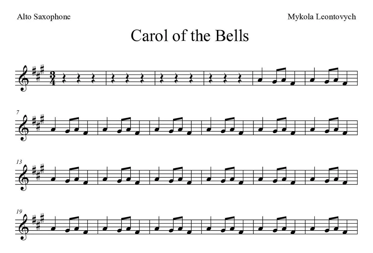 Noten von Carol of the Bells für Altsaxophon (Schwer), erste Zeilen