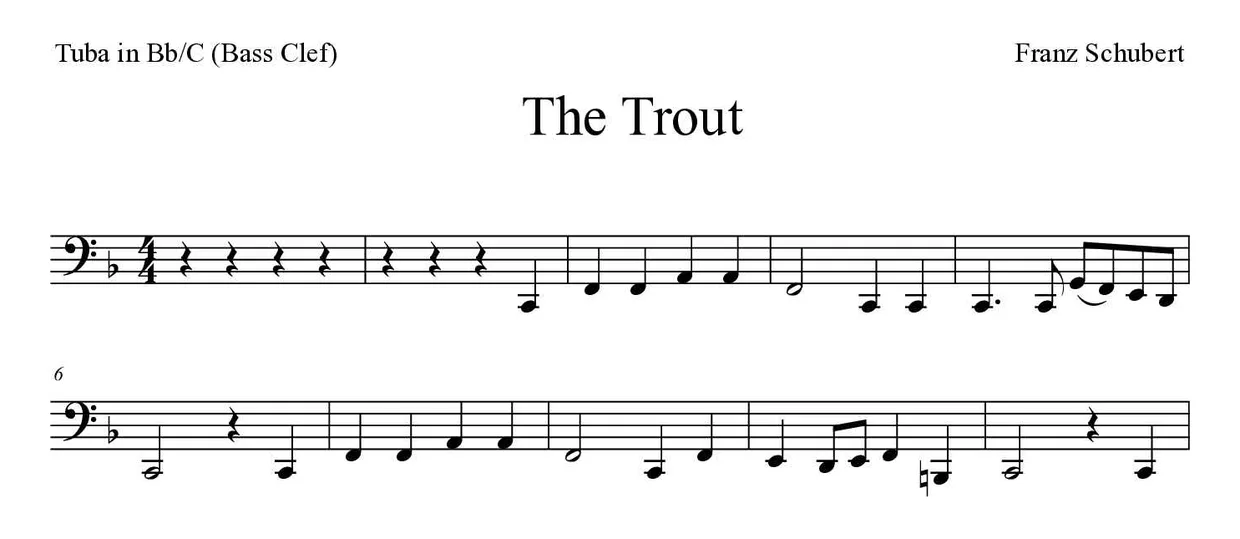 Bladmuziek van The Trout voor tuba in Bb/C (bass clef), eerste regels