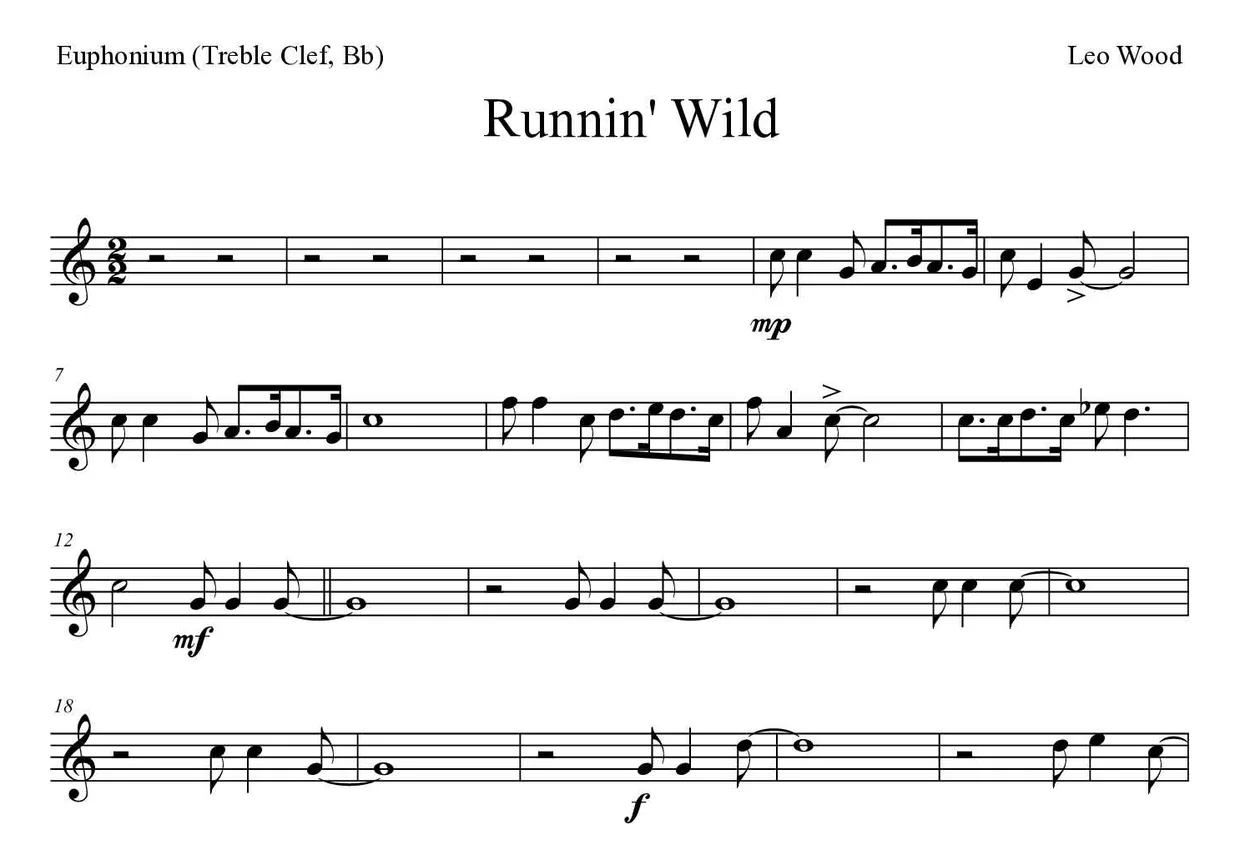 Partitura de Runnin' Wild para bombardino (clave de Sol, Sib), primeras líneas