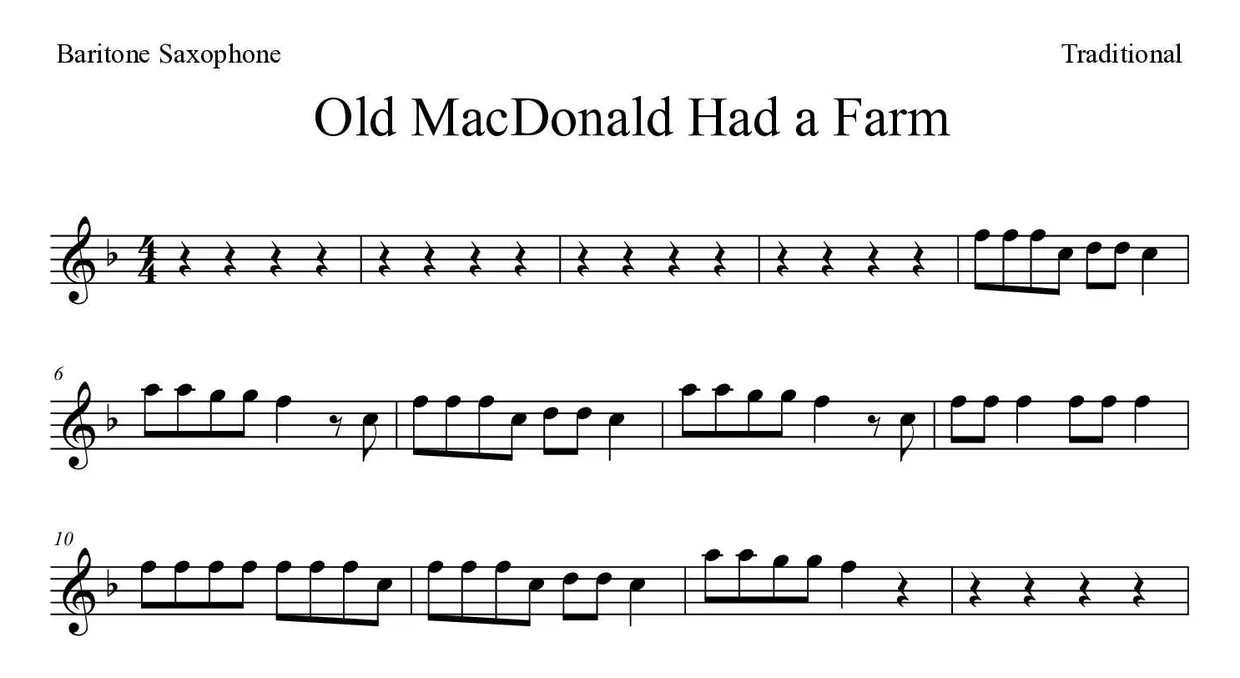 Noten von Old MacDonald Had a Farm für Baritonsaxophon (Mittel), erste Zeilen