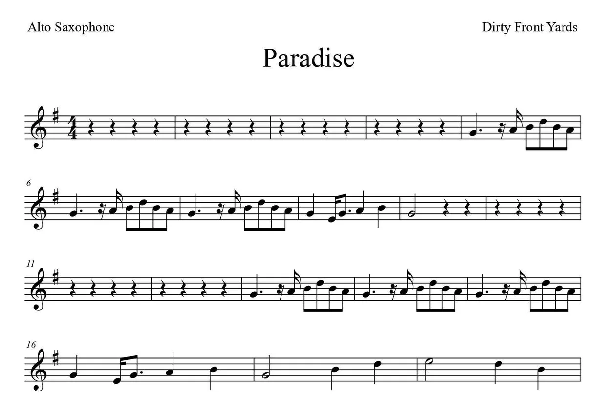 Partitura de Paradise para alto saxofone, primeiras linhas