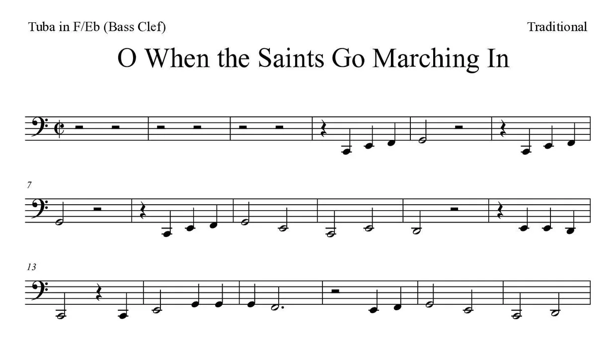 ‘O When the Saints Go Marching In’ Tuba in F/Eb (Bass Clef) 악보의 첫 몇 줄