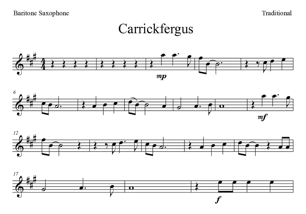 Bladmuziek van Carrickfergus voor baritone saxophone, eerste regels