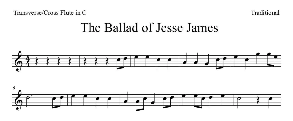 Sheet music of The Ballad of Jesse James for flute (Easy), first lines