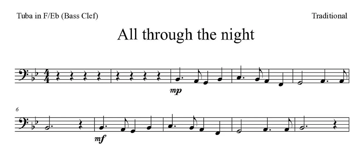 Partition de All through the night pour tuba en fa/mi bémol (clé de fa), premières lignes