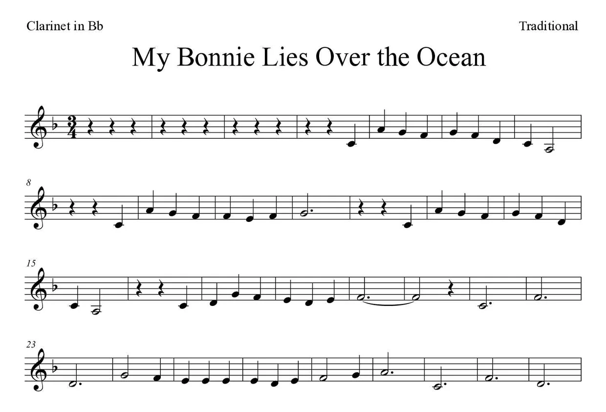 Partitura de My Bonnie Lies Over the Ocean para clarinete, primeiras linhas