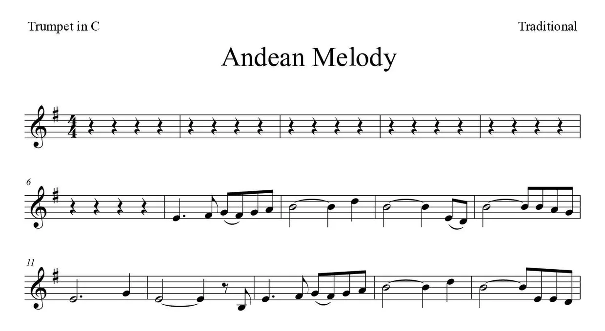 Partitura de Andean Melody para trompeta en Do, primeras líneas