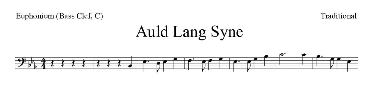 「Auld Lang Syne」Euphonium (Bass Clef, C)用楽譜の最初の数段