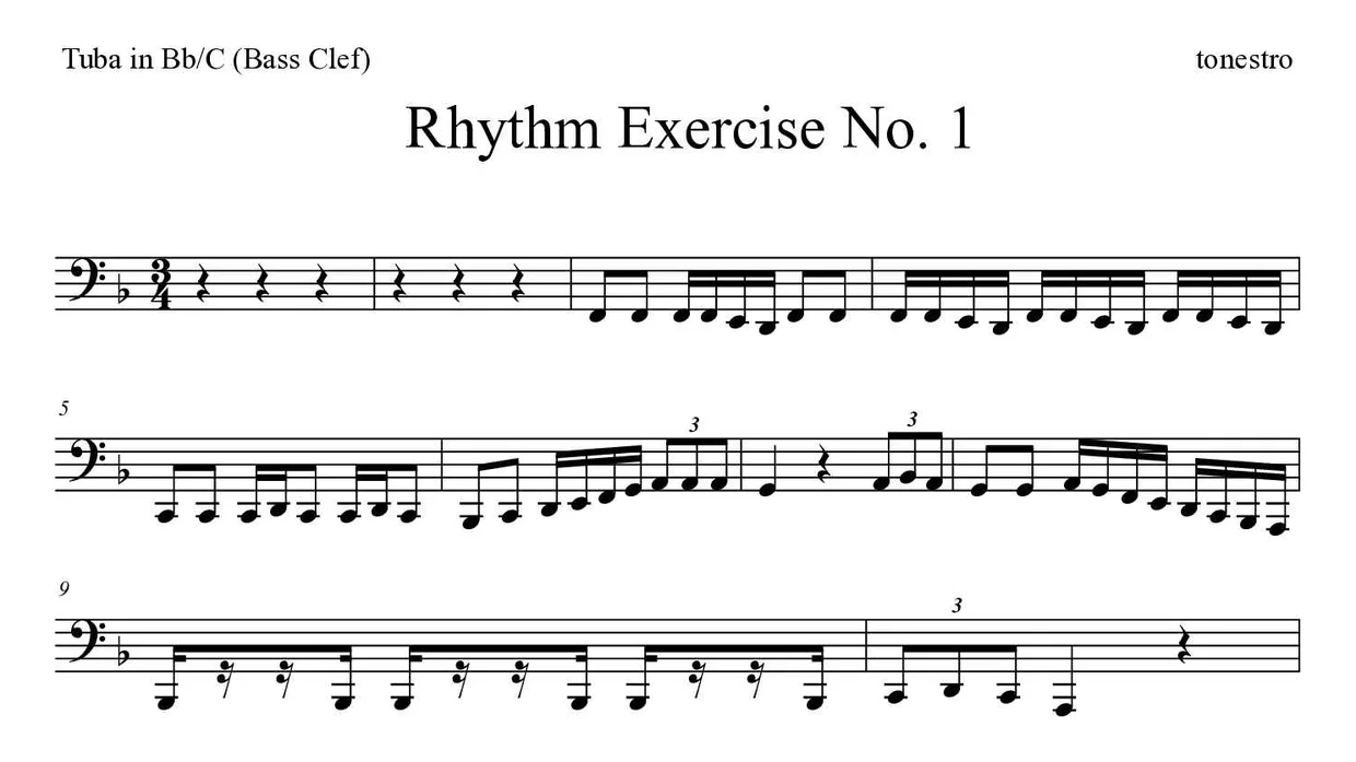 Partitura de Rhythm Exercise No. 1 para tuba em Sib/Do (clave de Fa), primeiras linhas