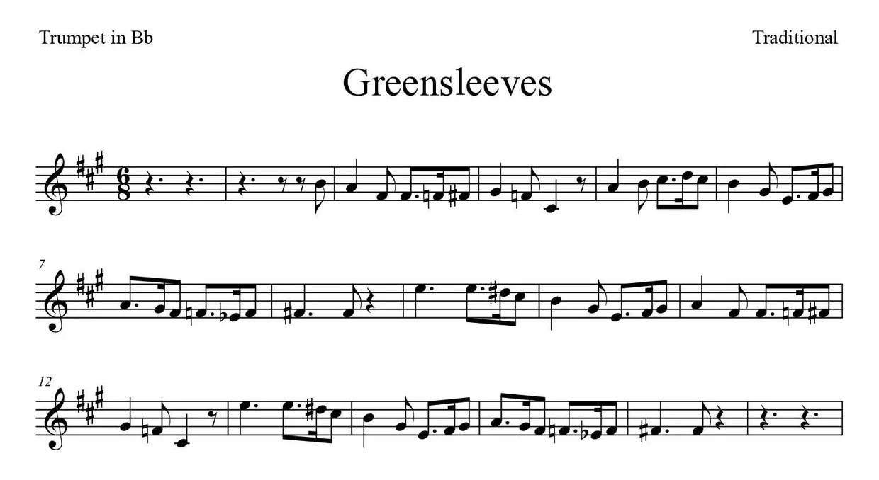Partitura de Greensleeves para trompete em Sib, primeiras linhas