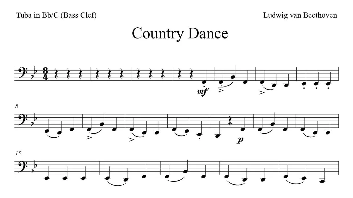 Partitura de Country Dance para tuba em Sib/Do (clave de Fa), primeiras linhas