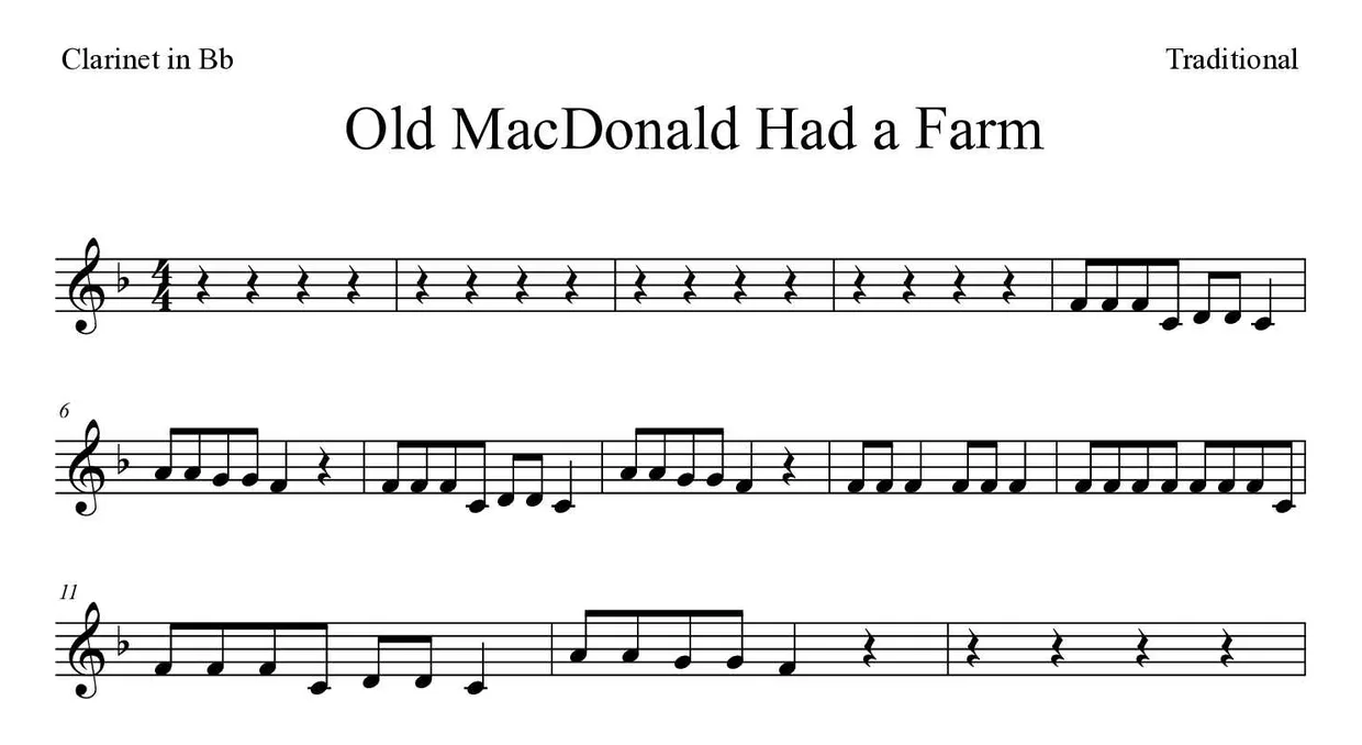 ‘Old MacDonald Had a Farm’ Clarinet 악보의 첫 몇 줄