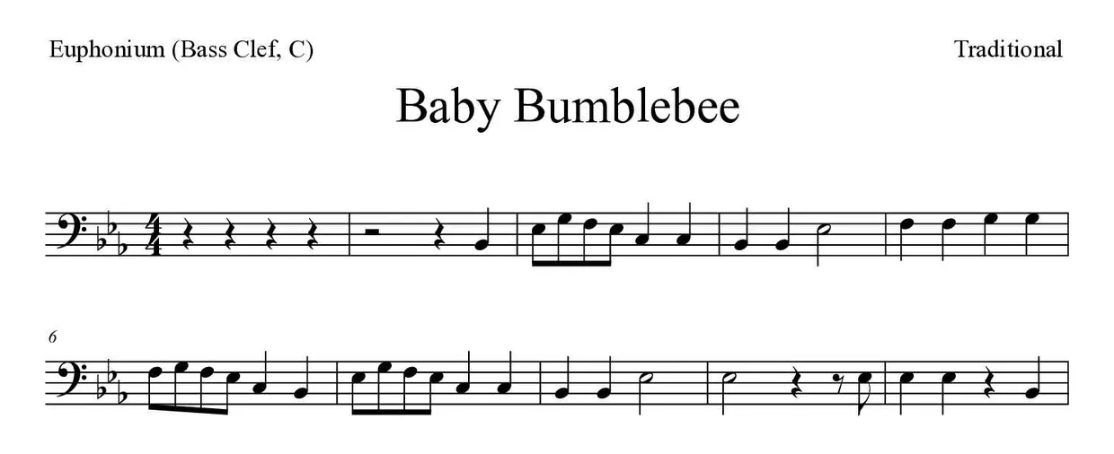 Spartito di Baby Bumblebee per euphonium (bass clef, C), prime righe