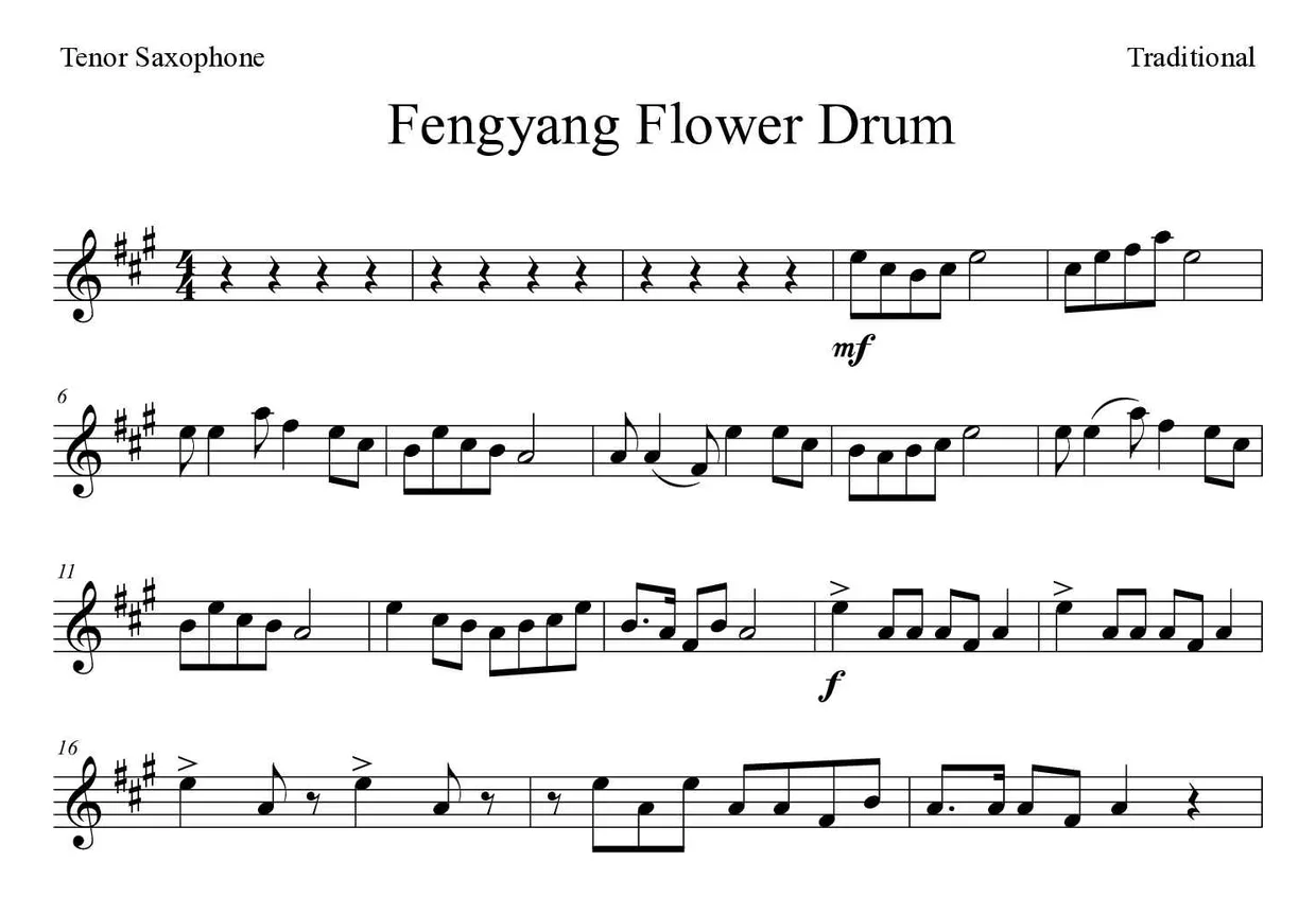 Spartito di Fengyang Flower Drum per tenor saxophone, prime righe