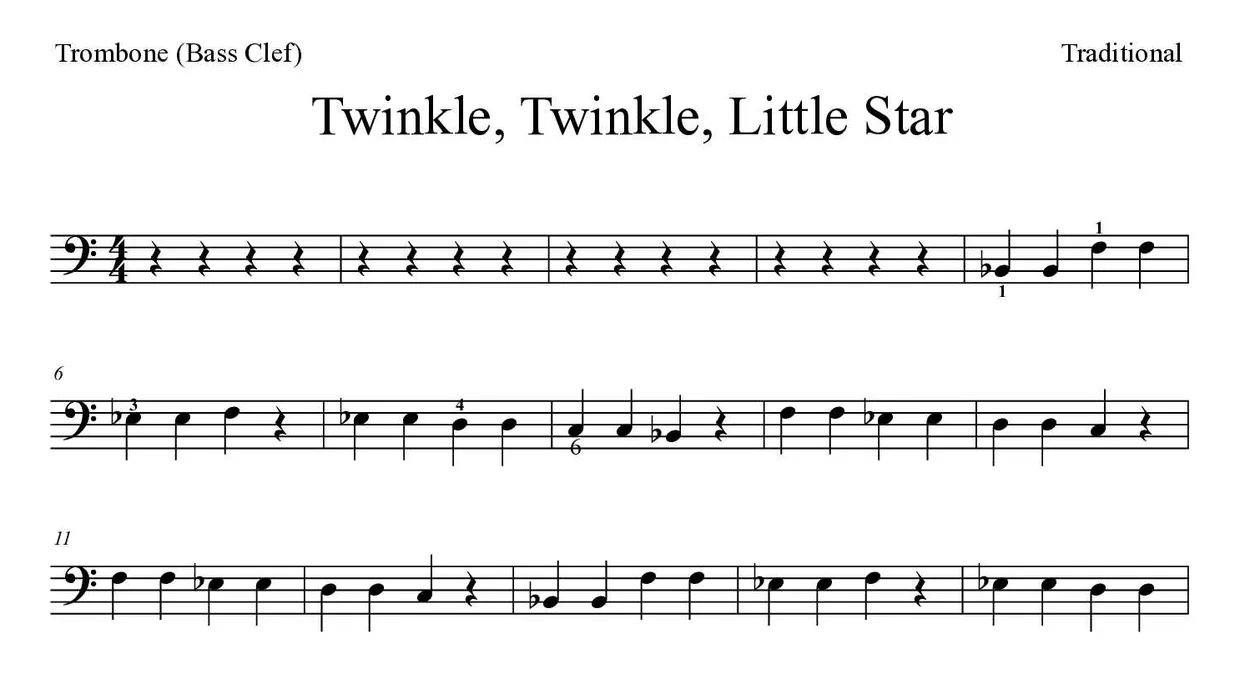 Noten von Twinkle, Twinkle, Little Star für Posaune (Einfach), erste Zeilen