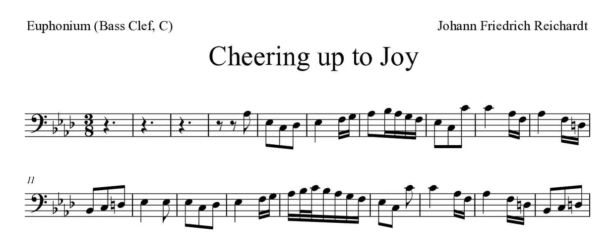 Sheet music of Cheering up to Joy for euphonium (bass clef, C) (Expert), first lines