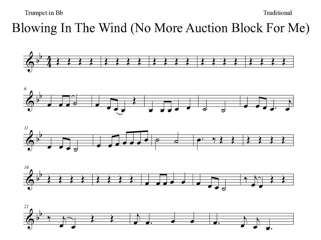 ‘Blowing In The Wind (No More Auction Block For Me)’ Trumpet in Bb 악보의 첫 몇 줄