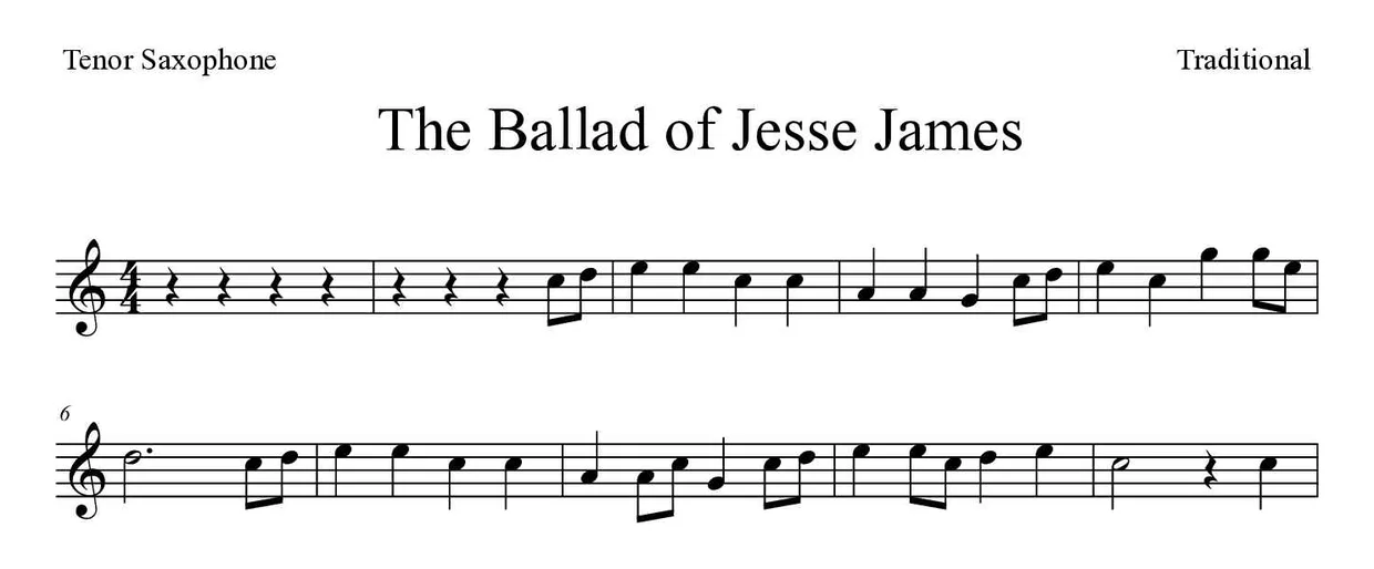 Sheet music of The Ballad of Jesse James for tenor saxophone (Easy), first lines