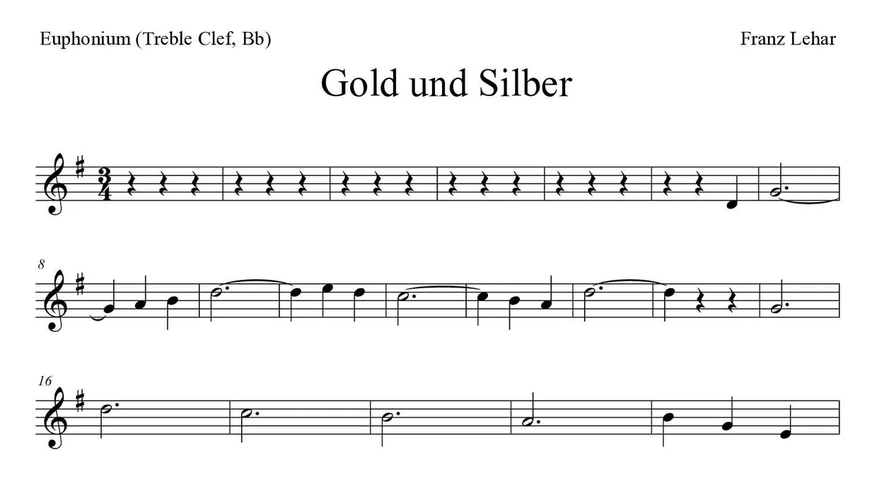 「Gold und Silber」Euphonium (Treble Clef, Bb)用楽譜の最初の数段