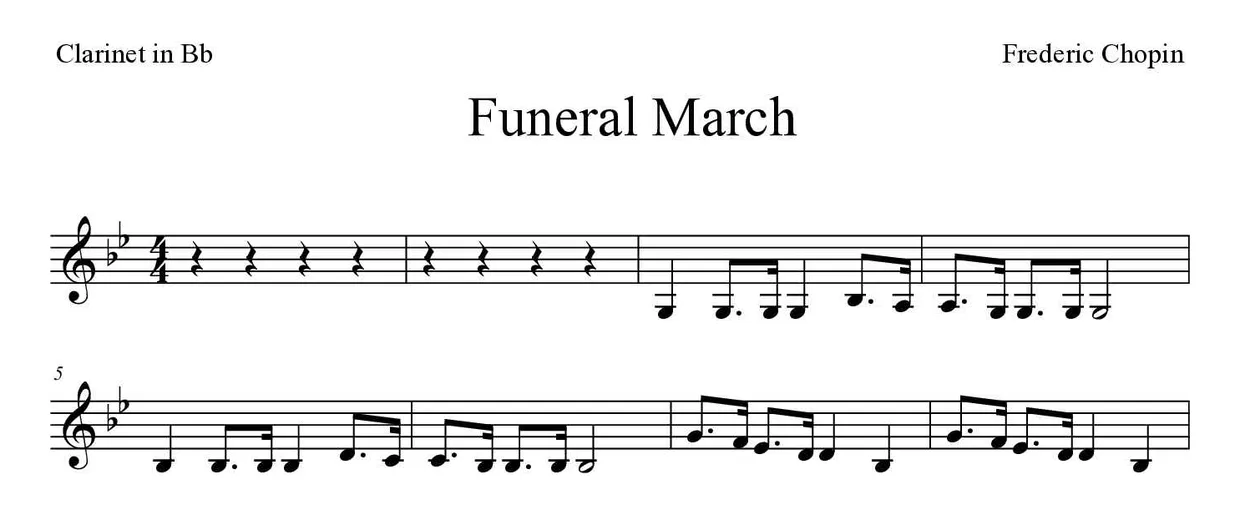 Partition de Funeral March pour clarinette, premières lignes