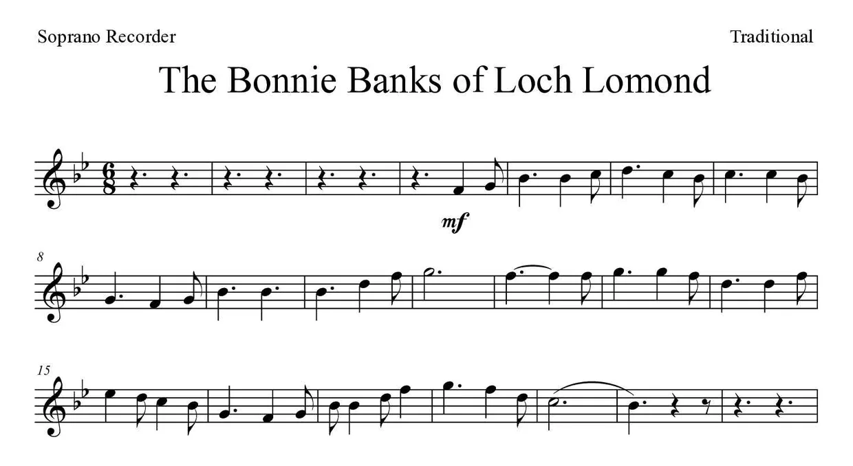Spartito di The Bonnie Banks of Loch Lomond per recorder, prime righe