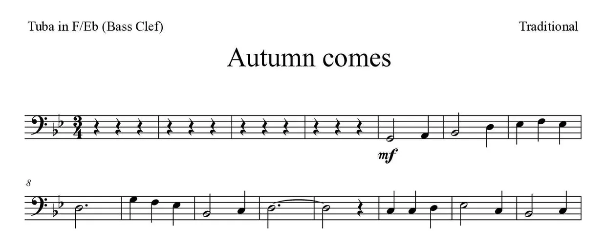 Partition de Autumn comes pour tuba en fa/mi bémol (clé de fa), premières lignes