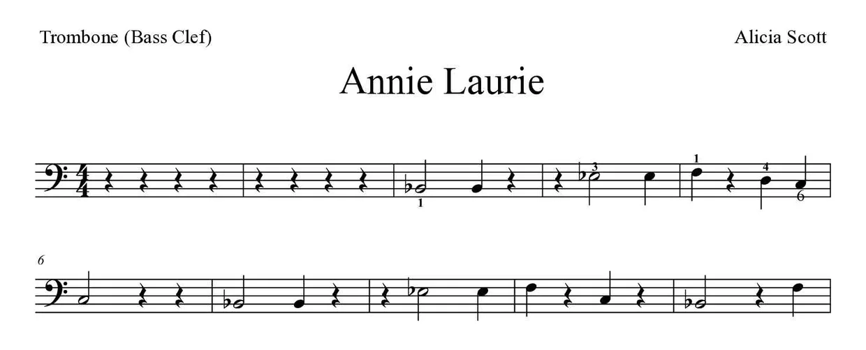 「Annie Laurie」Trombone用楽譜の最初の数段