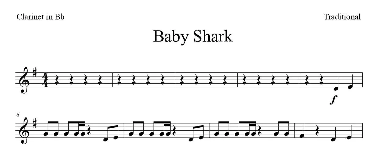 Partitura de Baby Shark para clarinete, primeiras linhas
