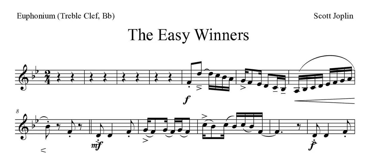 Partition de The Easy Winners pour euphonium (clé de sol, si bémol), premières lignes