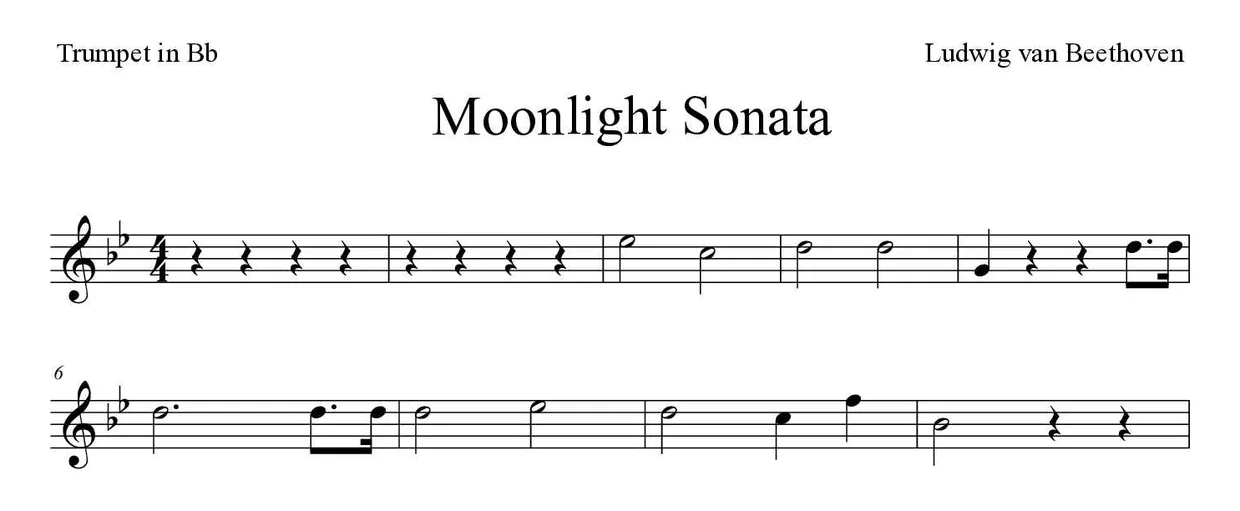 Sheet music of Moonlight Sonata for trumpet in Bb (Hard), first lines