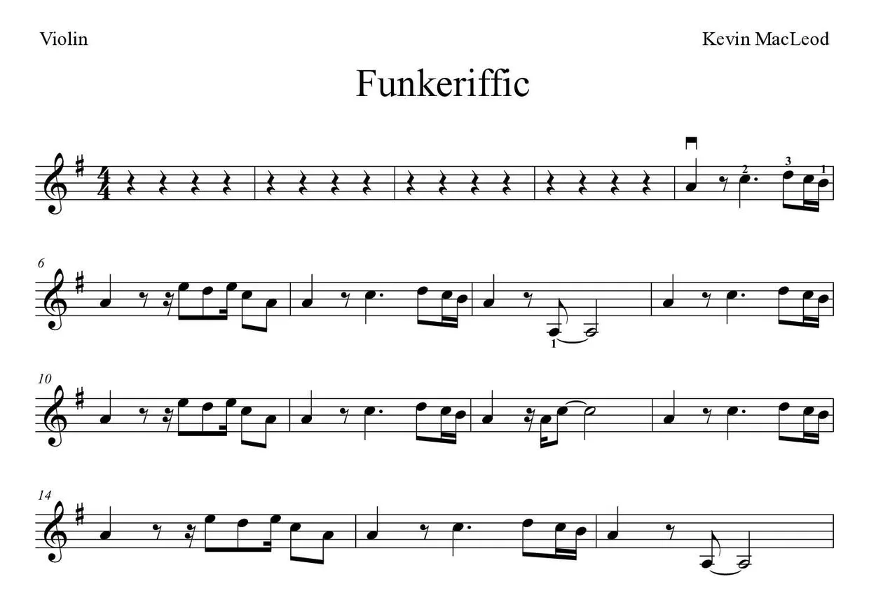Partitura de Funkeriffic para violín, primeras líneas