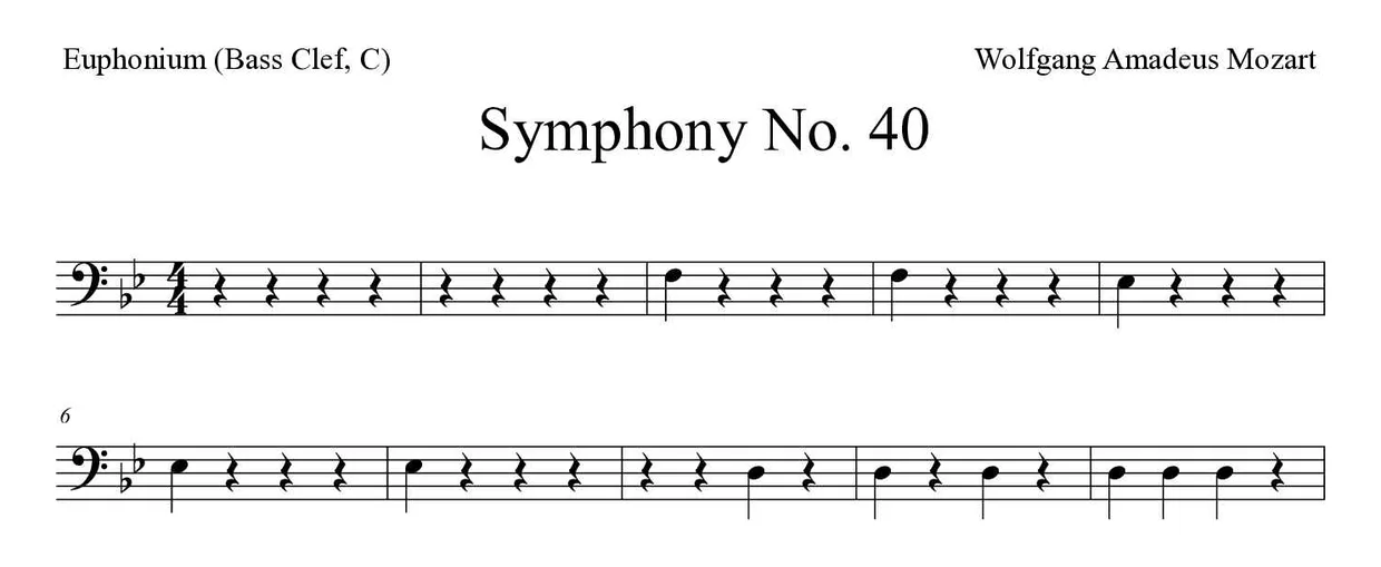 ‘Symphony No. 40’ Euphonium (Bass Clef, C) 악보의 첫 몇 줄
