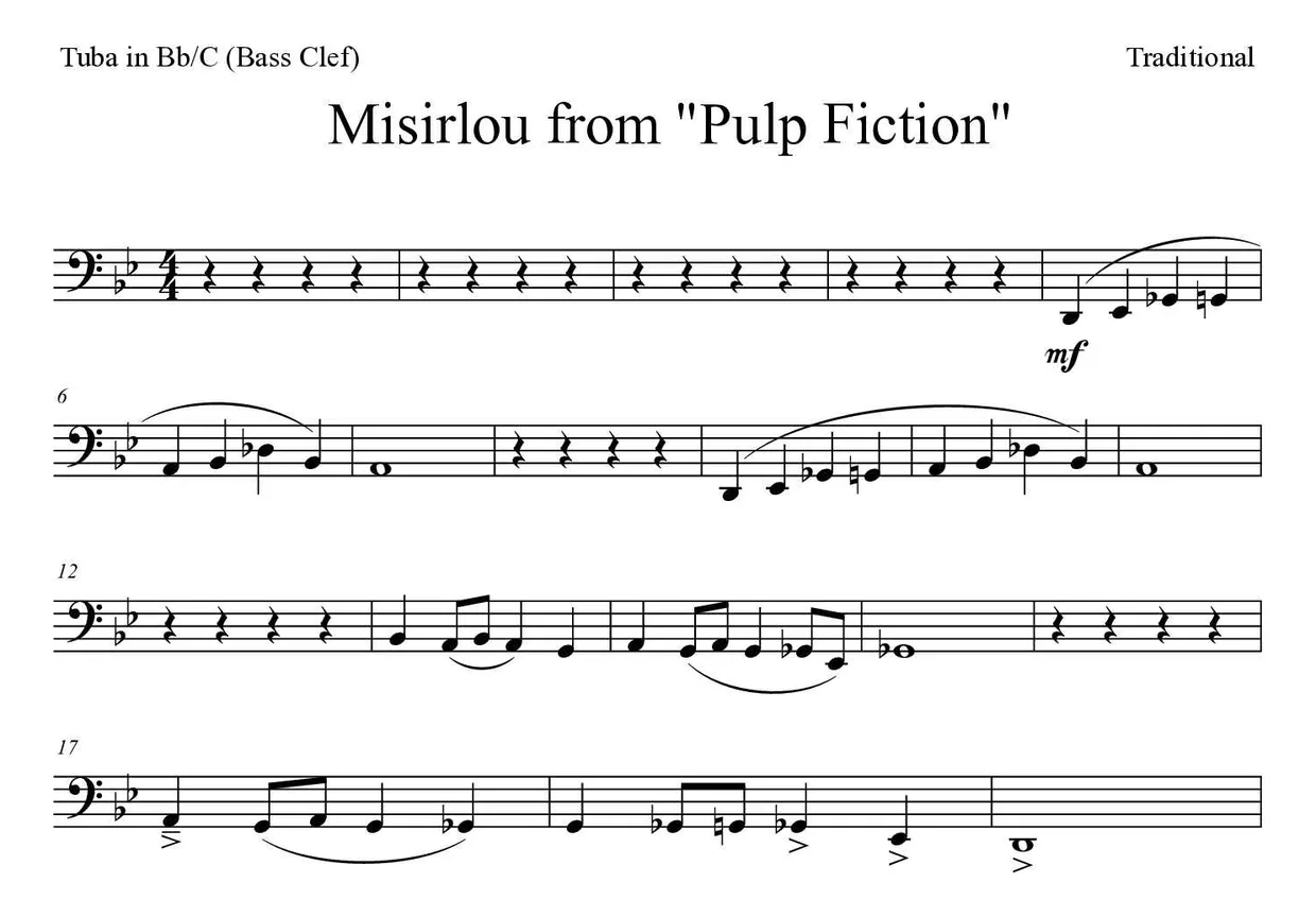 《Misirlou》 选自电影 《黑色追緝令》降B/C调大号（低音谱号）乐谱前几行