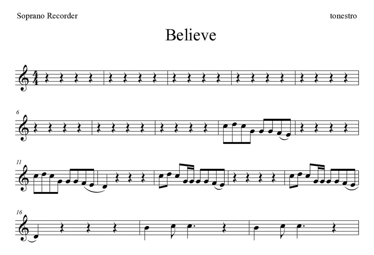 ‘Believe’ Recorder 악보의 첫 몇 줄