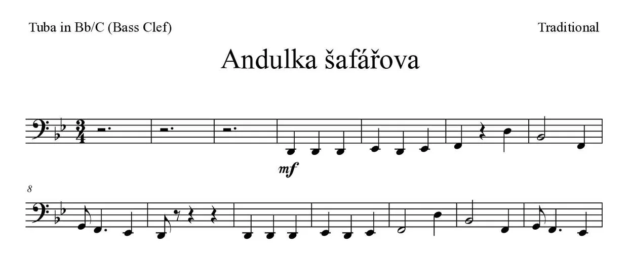 Noten von Andulka šafářova für Tuba in B/C (Bassschlüssel) (Mittel), erste Zeilen