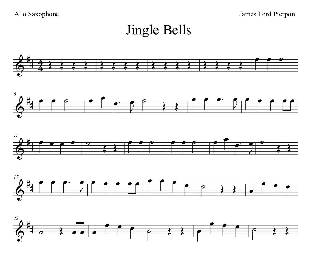Partitura de Jingle Bells para alto saxofone, primeiras linhas