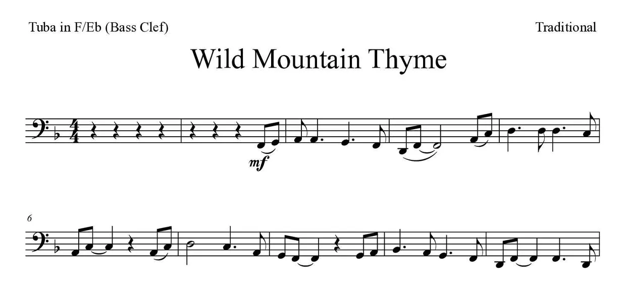 Sheet music of Wild Mountain Thyme for tuba in F/Eb (bass clef) (Hard), first lines