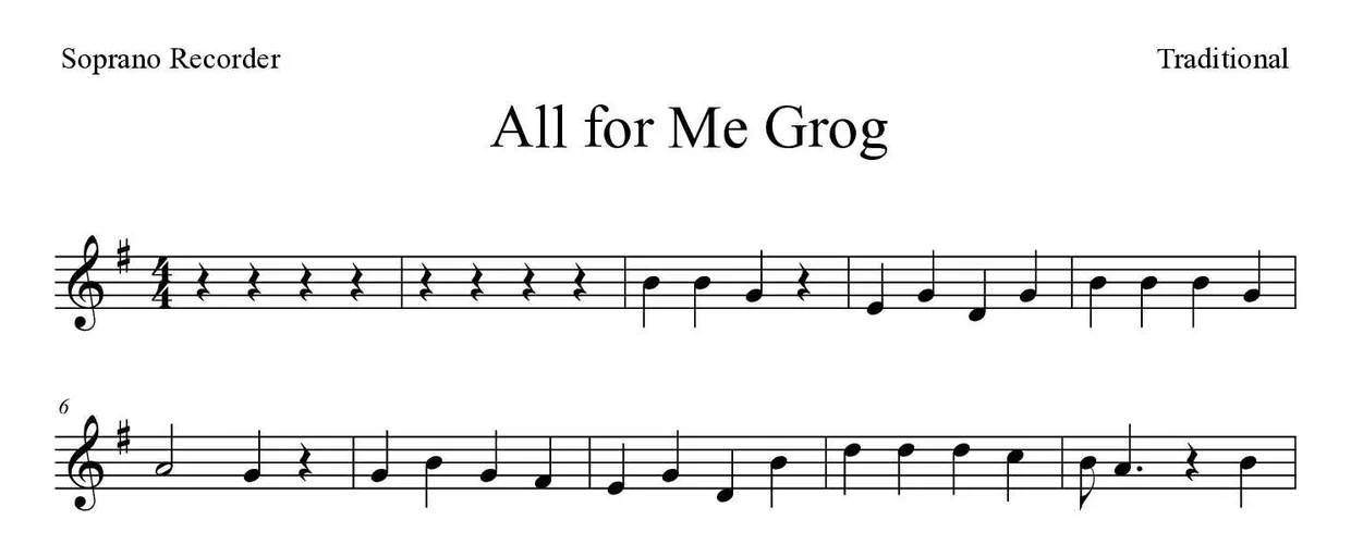 Partitura de All for Me Grog para flauta de bisel, primeiras linhas