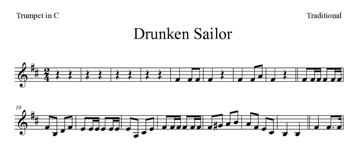 ‘Drunken Sailor’ Trumpet in C 악보의 첫 몇 줄