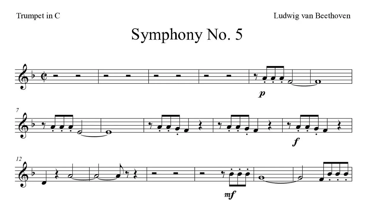 Bladmuziek van Symphony No. 5 voor trumpet in C, eerste regels