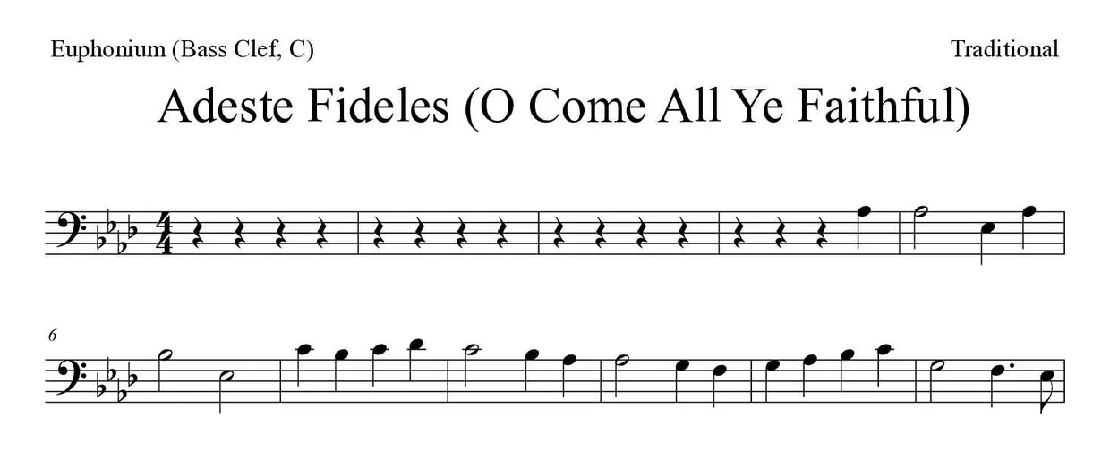 《Adeste Fideles》上低音号（低音谱号，C）乐谱前几行