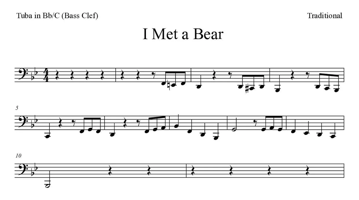 Sheet music of I Met a Bear for tuba in Bb/C (bass clef) (Hard), first lines