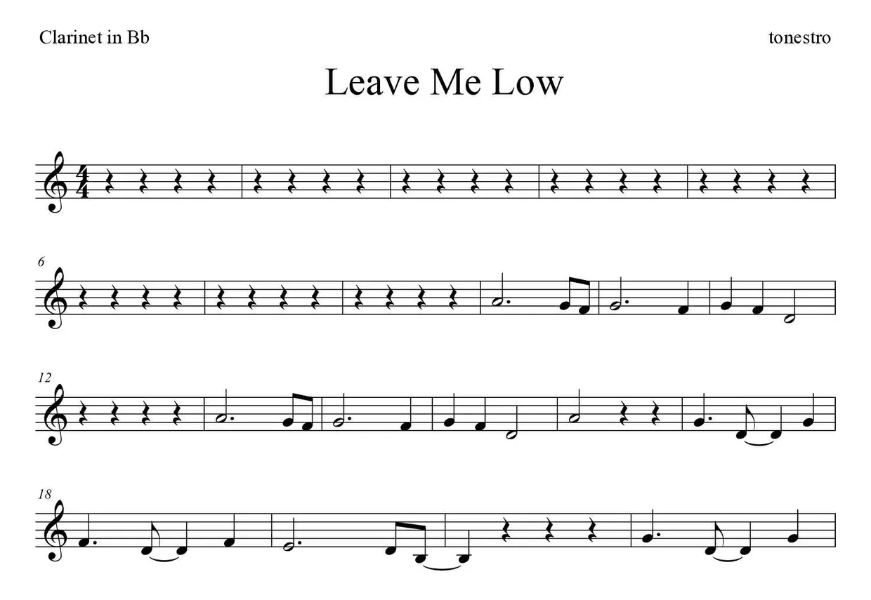 Bladmuziek van Leave Me Low voor clarinet, eerste regels