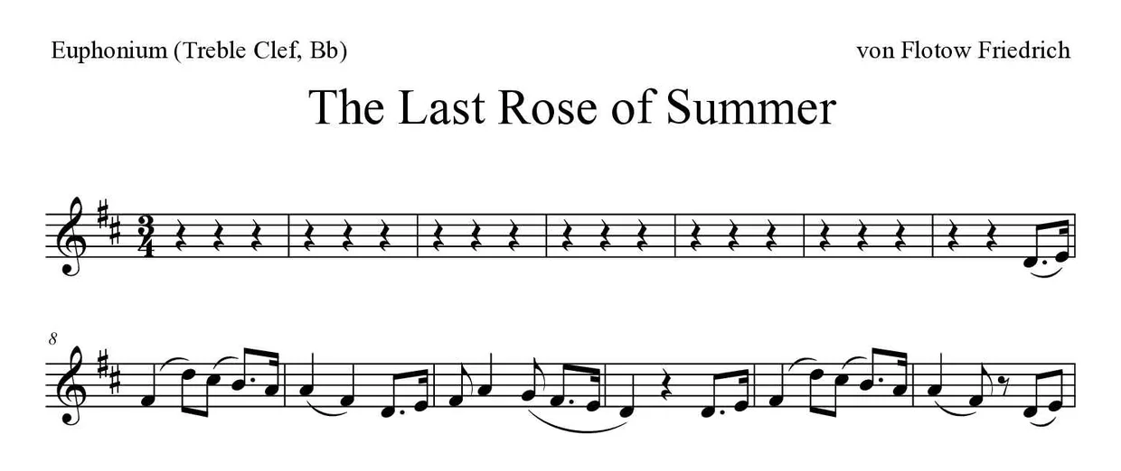 Sheet music of The Last Rose of Summer for euphonium (treble clef, Bb) (Medium), first lines