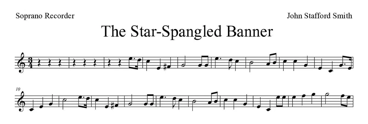 Spartito di The Star-Spangled Banner per recorder, prime righe