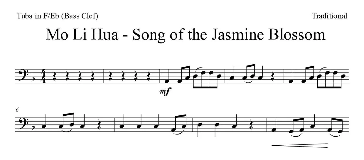 Noten von Mo Li Hua - Lied der Jasminblüte für Tuba in F/Es (Bassschlüssel) (Mittel), erste Zeilen