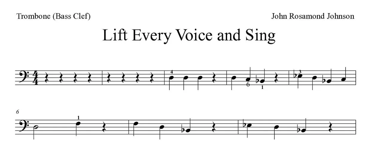 Partitura de Lift Every Voice and Sing para trombone, primeiras linhas