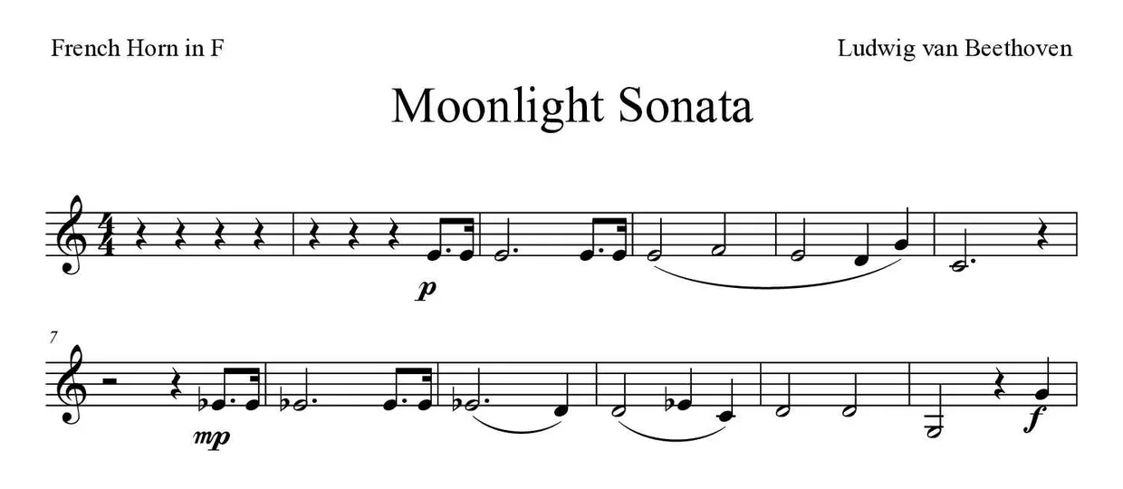 Partition de Moonlight Sonata pour cor d'harmonie, premières lignes