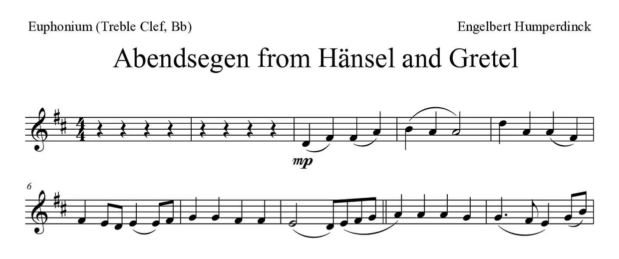 「Abendsegen from Hänsel and Gretel」Euphonium (Treble Clef, Bb)用楽譜の最初の数段